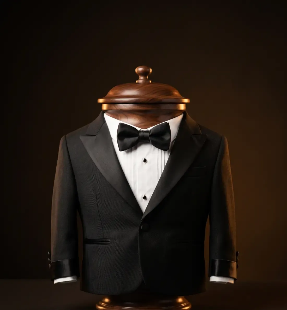 A dark walnut urn wearing a tailored miniature black tuxedo jacket with satin lapels and a bow tie.