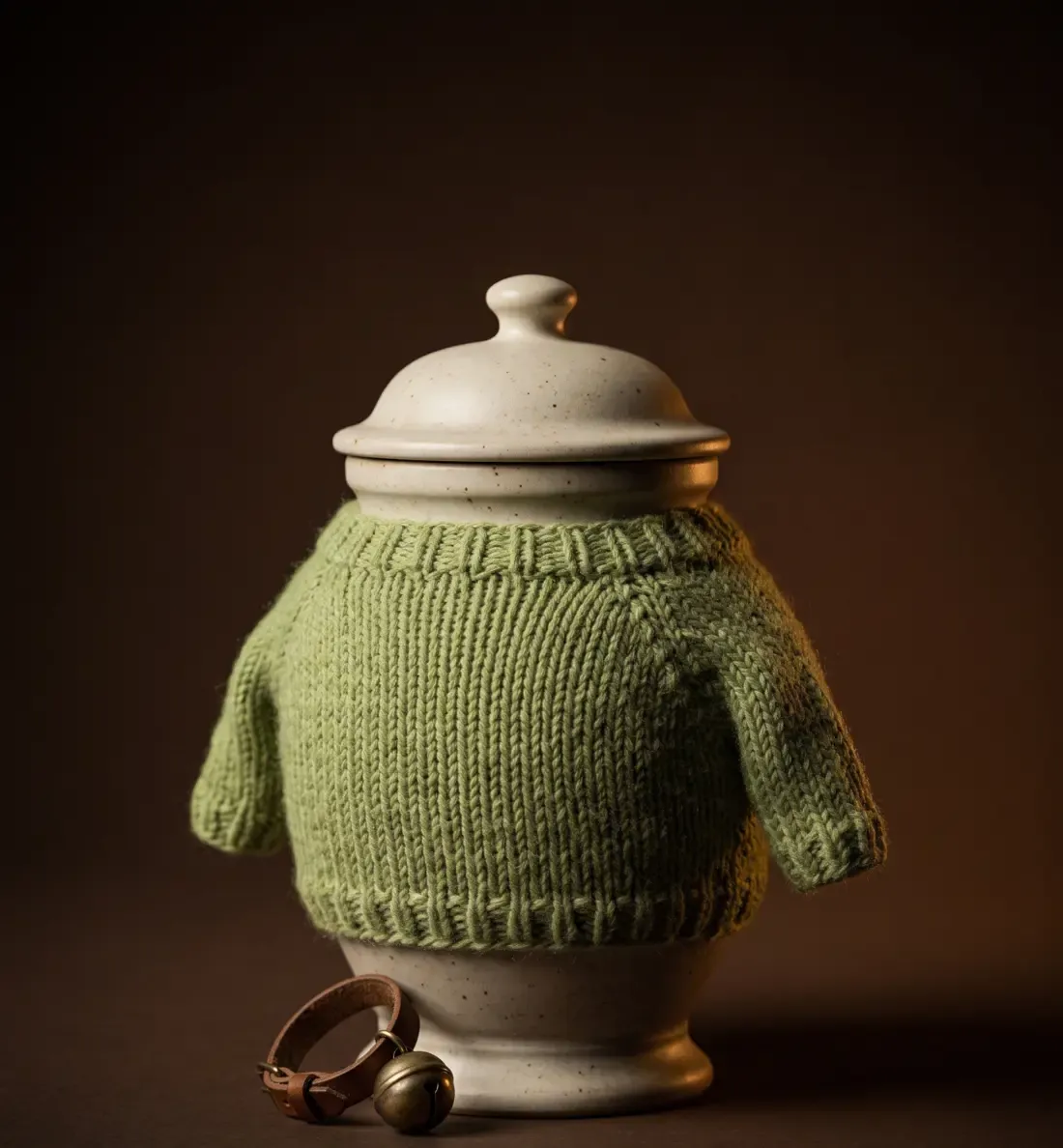 A small dark ceramic pet cremation urn wearing a tiny knitted jumper, sitting on a wooden surface in warm light.