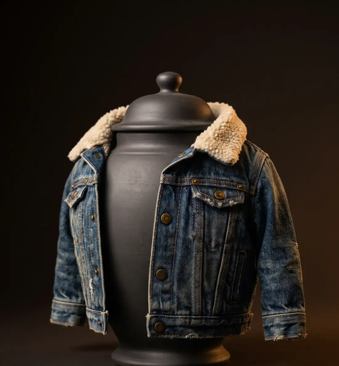 A charcoal ceramic urn wearing a worn indigo denim jacket with brass rivets and a sheepskin collar.