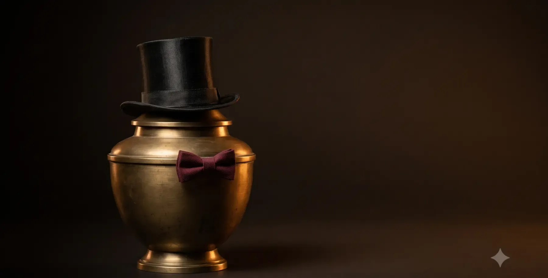 A brass cremation urn wearing a miniature black silk top hat and burgundy bow tie, lit low against a dark backdrop.