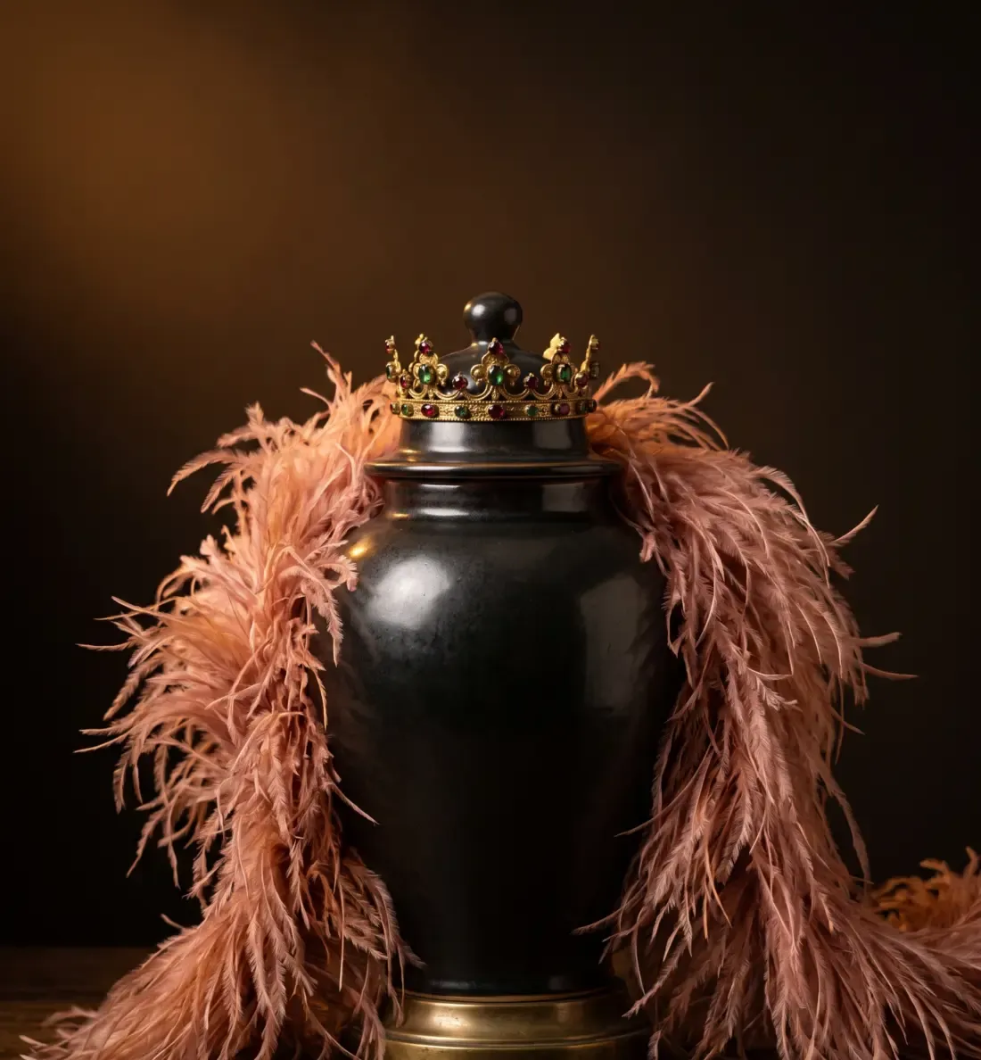 A black ceramic urn wearing a small gilt jewelled crown and a dusty-rose ostrich feather boa.