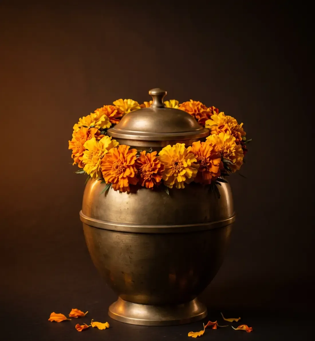 A brass urn crowned with a dense circlet of fresh orange and yellow marigolds, petals scattered below.