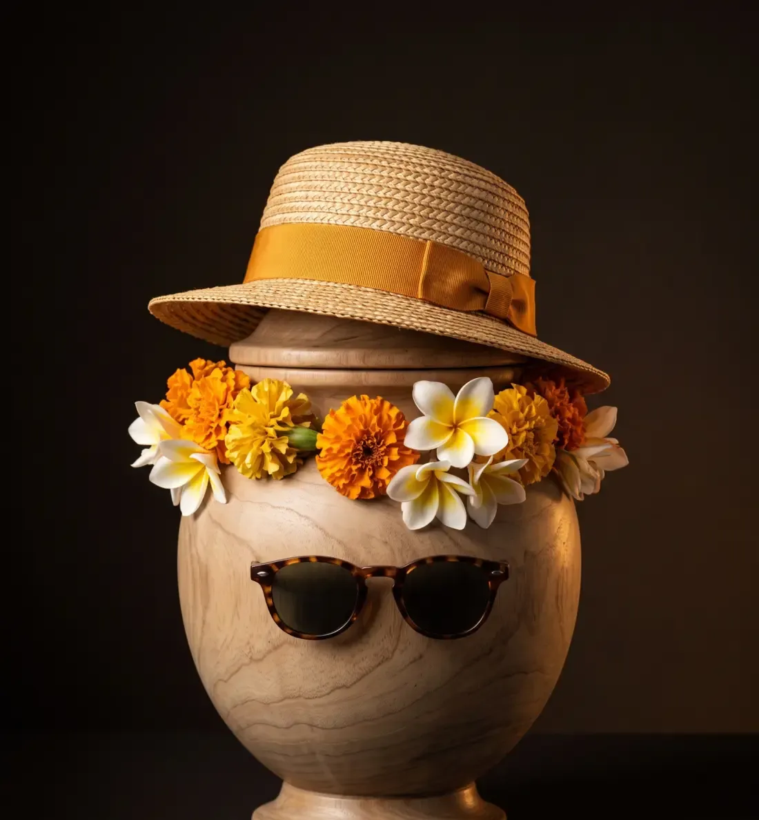 A pale wooden urn in a straw sun hat with tortoiseshell sunglasses and a garland of marigolds and frangipani.