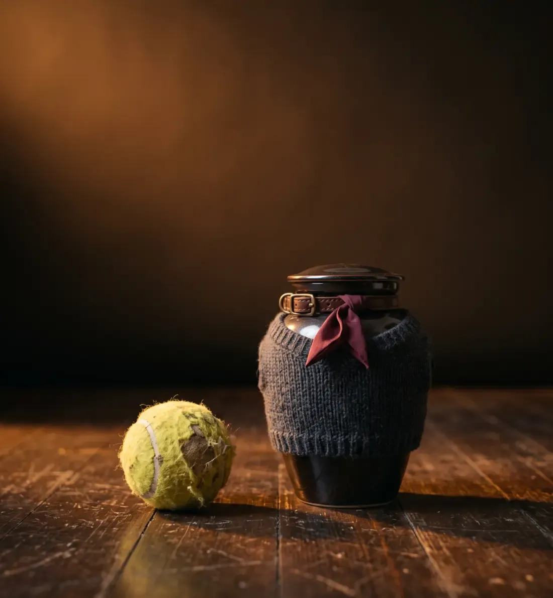 A small dark ceramic pet cremation urn in a knitted jumper on a wooden floor, beside an old tennis ball with the fuzz worn off one side.