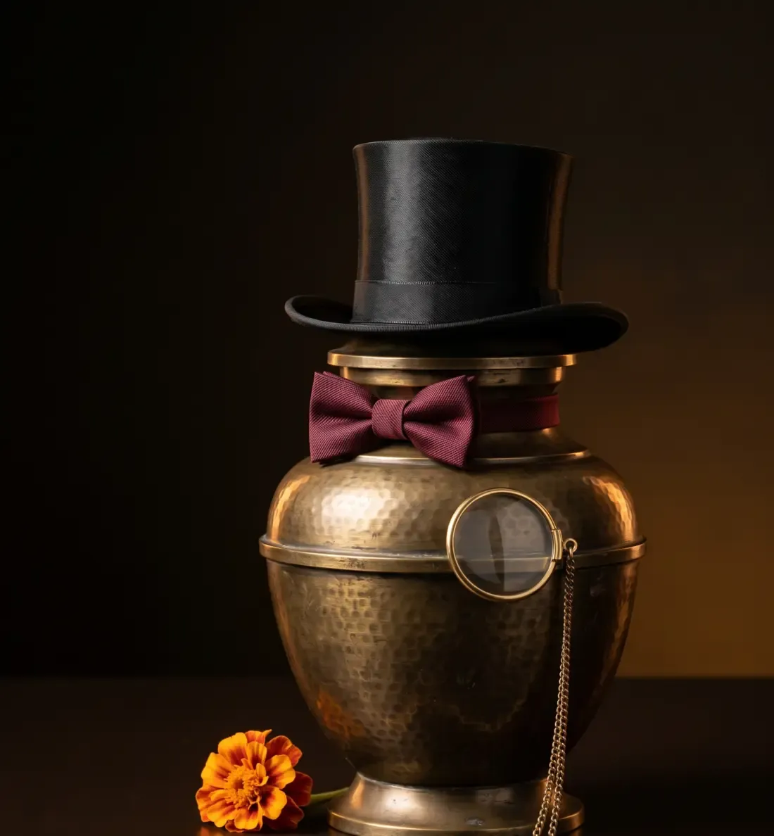 A hammered brass urn wearing a black silk top hat, burgundy bow tie and a brass monocle on a chain, with a marigold beside it.
